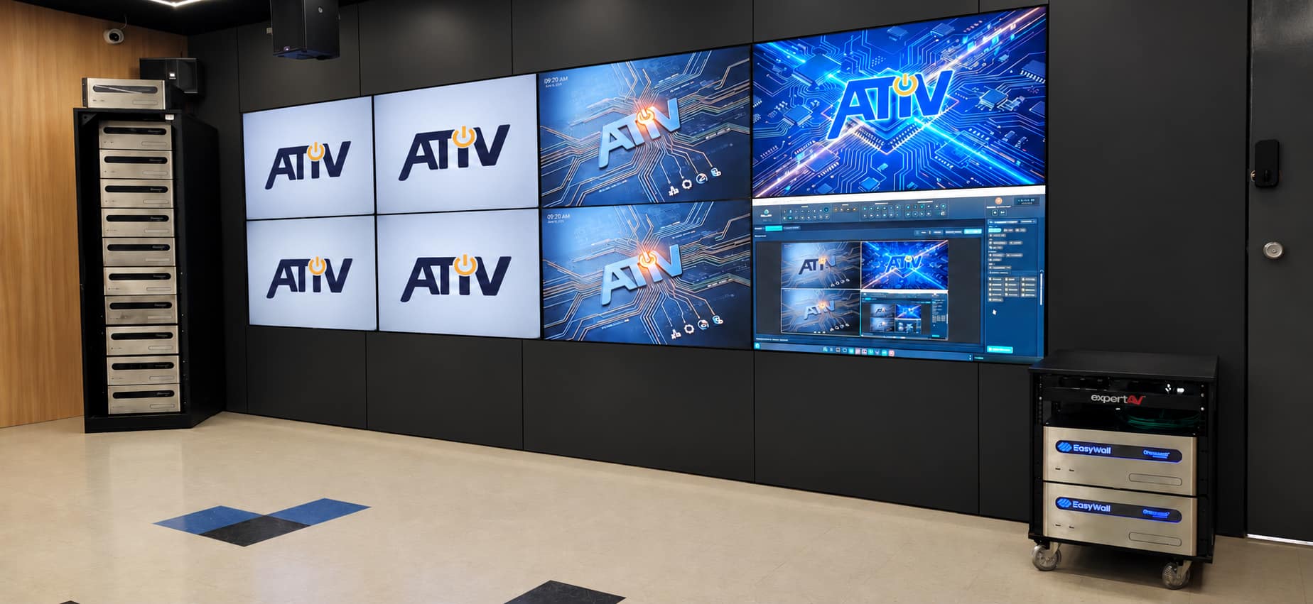 Videowall de oito telas do AtivLabs exibindo a marca ATIV e a interface do EasyWall, com rack de processadores à esquerda e servidores EasyWall em rack ExpertAV à direita
