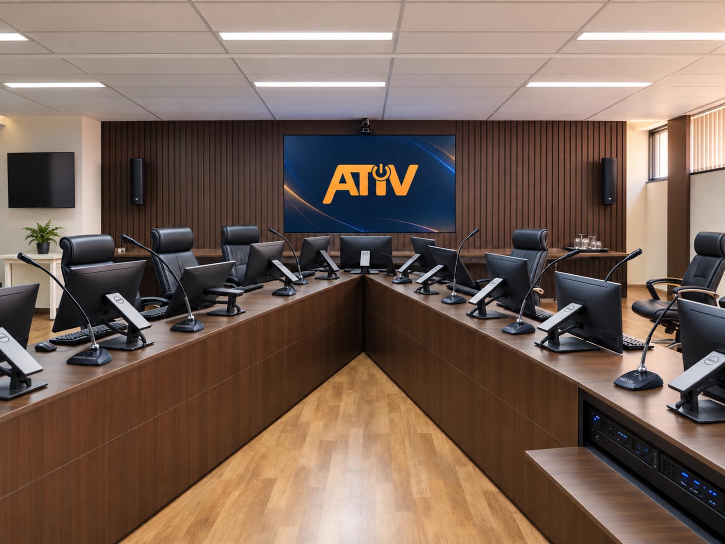 Sala de reuniões da Defensoria com microfones gooseneck na mesa
