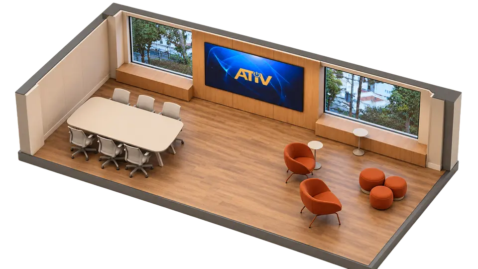 Ilustração de sala de reunião com painel e lounge