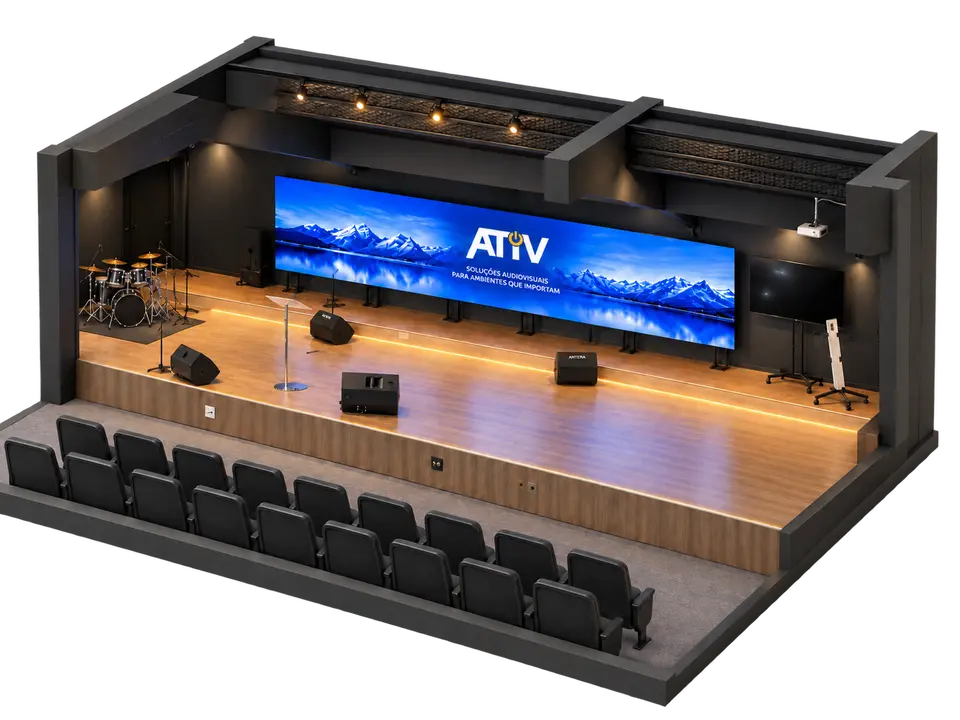 Ilustração de palco com painel de LED e sonorização
