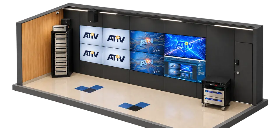 Ilustração de showroom com videowall e rack