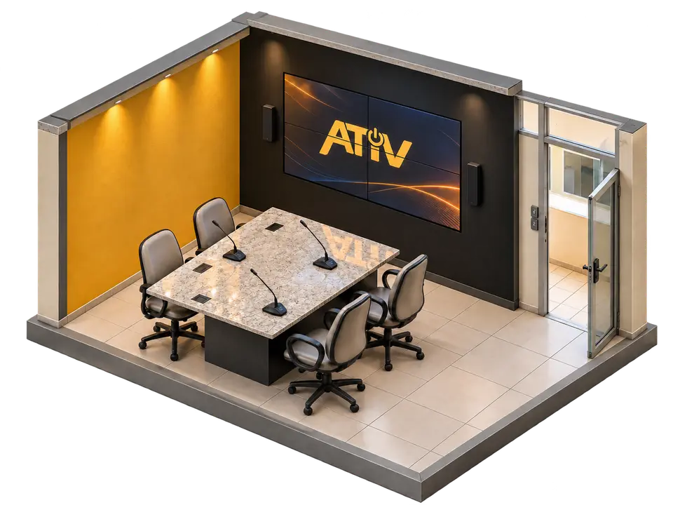 Ilustração de sala de reunião com videowall e microfones
