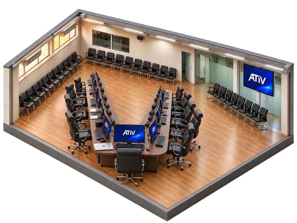Ilustração de sala de treinamento com computadores