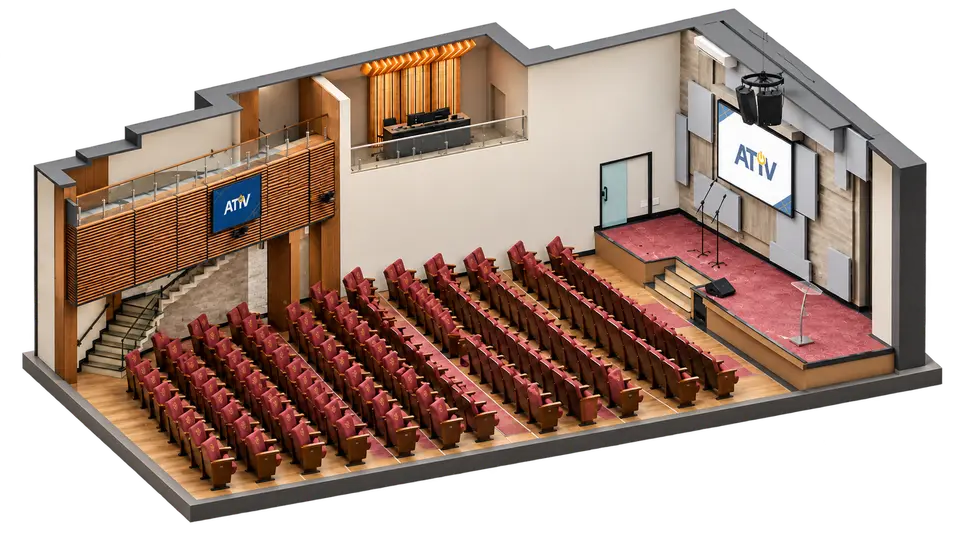Ilustração de auditório com mezanino, projeção e sonorização
