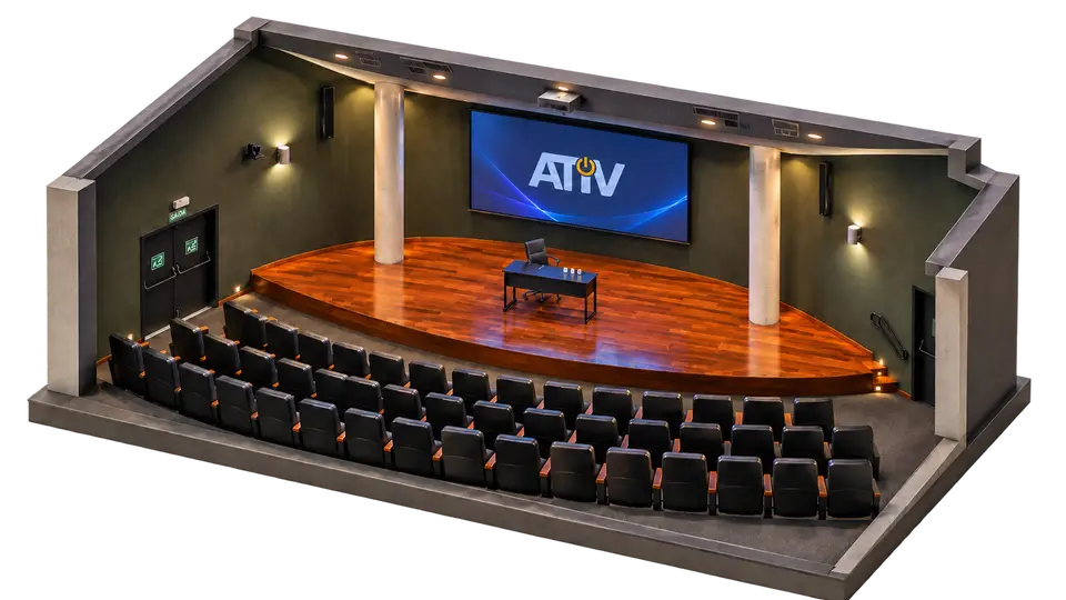 Ilustração de auditório com palco curvo e projeção