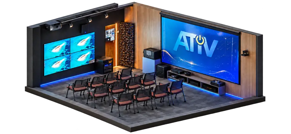 Ilustração de sala de demonstração com projeção e videowall