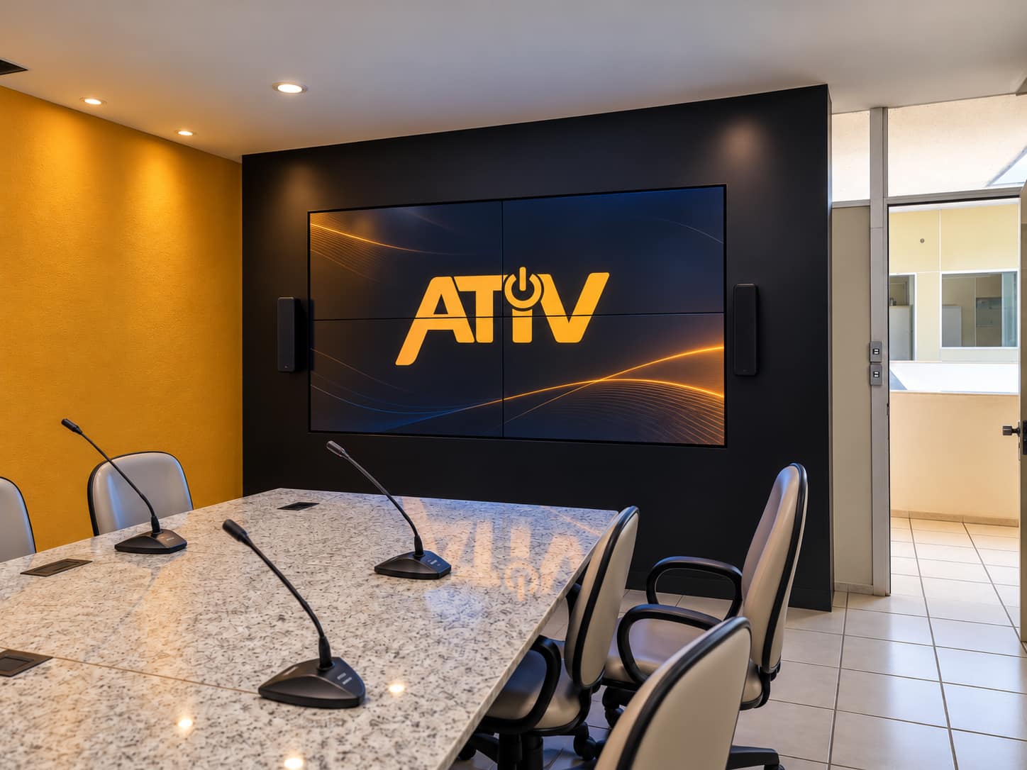 Sala corporativa com o logo da ATIV na tela
